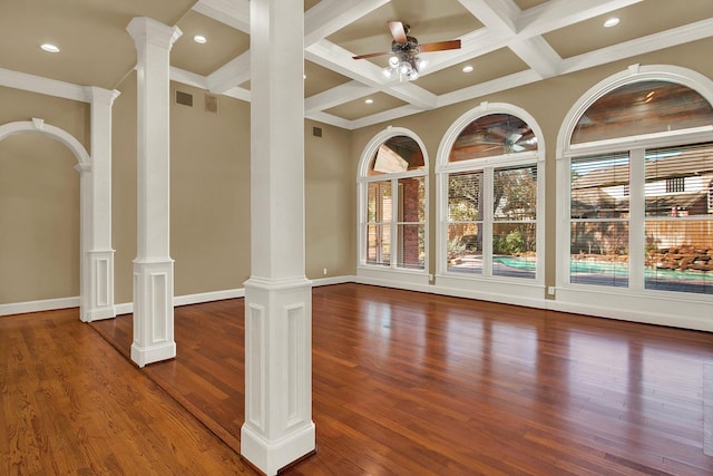 13714 Gainesway Dr, Cypress, TX 77429 - unfurnished room with a ceiling fan, ornate columns, beamed ceiling, coffered ceiling, and wood finished floors