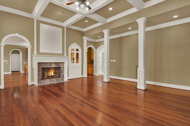 13714 Gainesway Dr, Cypress, TX 77429 - unfurnished living room with ceiling fan, wood finished floors, a high end fireplace, beam ceiling, and coffered ceiling