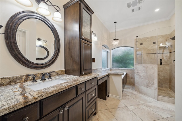 13307 Oddom Ct, Cypress, TX 77429 - full bath with a shower stall, vanity, ornamental molding, a garden tub, and tile patterned flooring