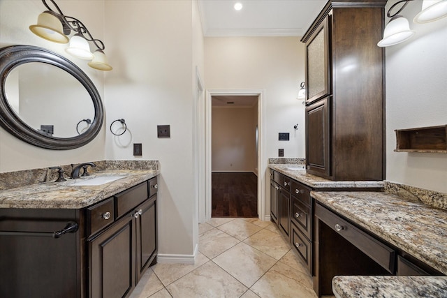 13307 Oddom Ct, Cypress, TX 77429 - bathroom with vanity, ornamental molding, and tile patterned flooring