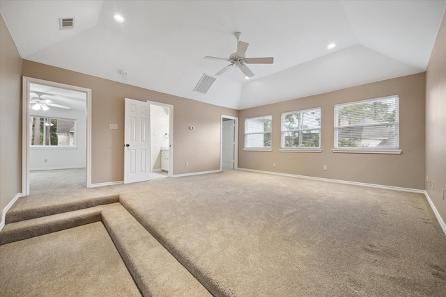 13307 Oddom Ct, Cypress, TX 77429 - unfurnished bedroom featuring light carpet, lofted ceiling, recessed lighting, connected bathroom, and a ceiling fan