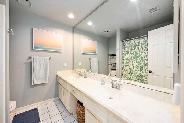 3618 Coltwood Dr, Spring, TX 77388 - bathroom featuring tile patterned flooring, double vanity, recessed lighting, and a shower with shower curtain