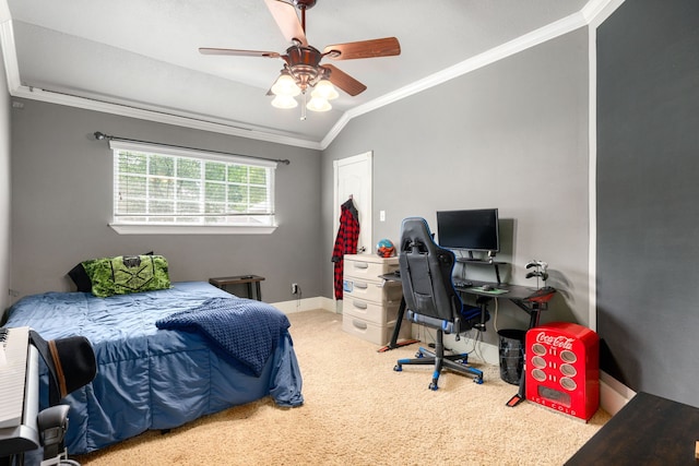 600 Crystal River Rd, Conroe, TX 77316 - carpeted bedroom featuring ornamental molding, lofted ceiling, an office area, and ceiling fan