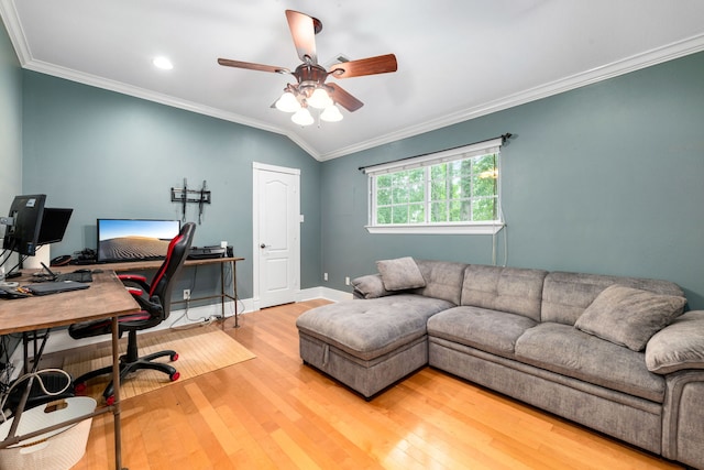 600 Crystal River Rd, Conroe, TX 77316 - office area with wood finished floors, ceiling fan, crown molding, vaulted ceiling, and recessed lighting