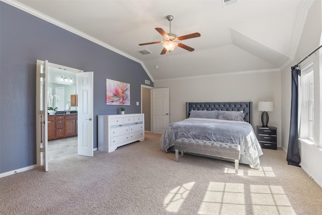 12106 Coldwater Cove Ln, Cypress, TX 77433 - bedroom featuring crown molding, light colored carpet, lofted ceiling, connected bathroom, and a ceiling fan