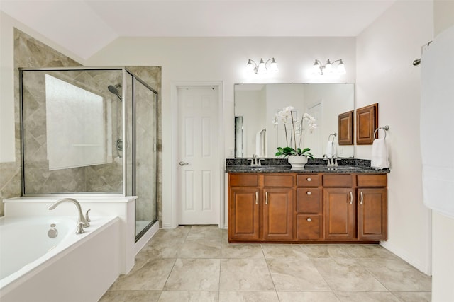 12106 Coldwater Cove Ln, Cypress, TX 77433 - full bathroom with a garden tub, double vanity, a stall shower, and vaulted ceiling