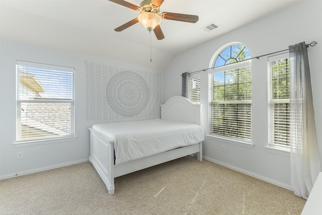 12106 Coldwater Cove Ln, Cypress, TX 77433 - bedroom featuring vaulted ceiling, carpet flooring, and ceiling fan