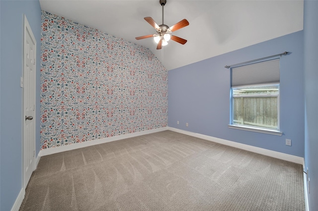 28006 Brendon Trail Ct, Spring, TX 77386 - spare room featuring carpet, ceiling fan, lofted ceiling, and wallpapered walls