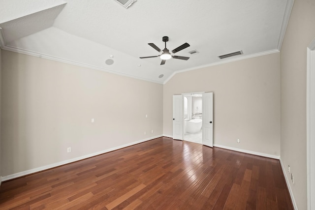 22419 Rippling Shore Ct, Katy, TX 77494 - unfurnished bedroom with crown molding, hardwood / wood-style flooring, vaulted ceiling, ensuite bath, and ceiling fan