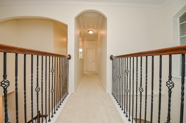 24914 Hazel Ranch Dr, Katy, TX 77494 - hall featuring light carpet, arched walkways, and crown molding