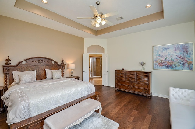 24914 Hazel Ranch Dr, Katy, TX 77494 - bedroom with a raised ceiling, wood finished floors, recessed lighting, and ceiling fan