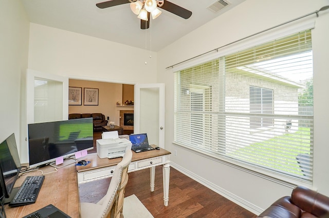 24914 Hazel Ranch Dr, Katy, TX 77494 - office area featuring ceiling fan and wood finished floors