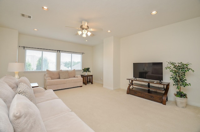 24914 Hazel Ranch Dr, Katy, TX 77494 - carpeted living room featuring ceiling fan and recessed lighting