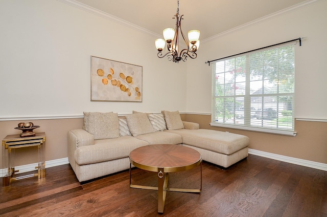 24914 Hazel Ranch Dr, Katy, TX 77494 - living room featuring a chandelier, ornamental molding, and wood finished floors