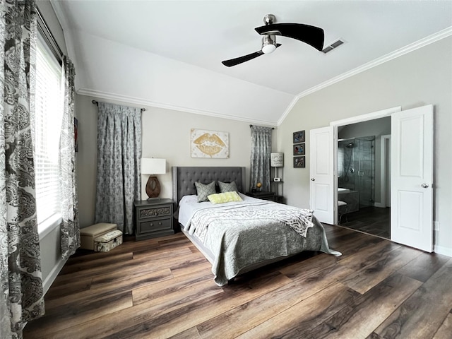 9327 Victory Canyon Ln, Tomball, TX 77375 - bedroom with vaulted ceiling, wood finished floors, ornamental molding, ensuite bath, and a ceiling fan