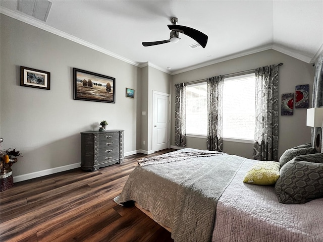9327 Victory Canyon Ln, Tomball, TX 77375 - bedroom with dark wood finished floors, crown molding, ceiling fan, and vaulted ceiling