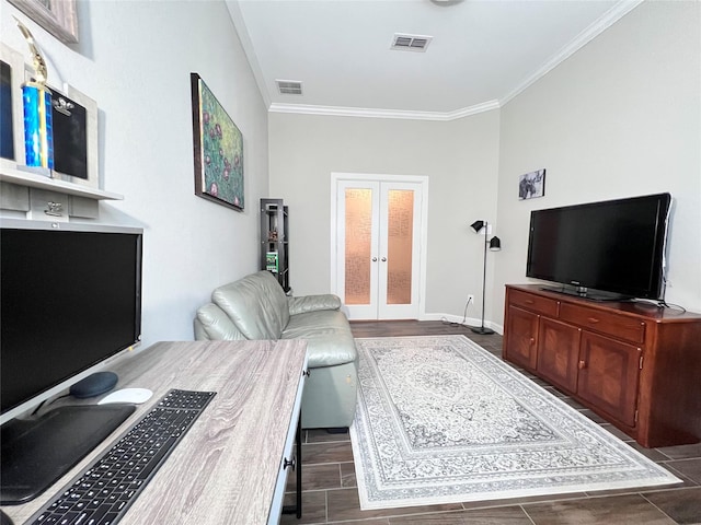 9327 Victory Canyon Ln, Tomball, TX 77375 - living room featuring ornamental molding, french doors, and dark wood-type flooring