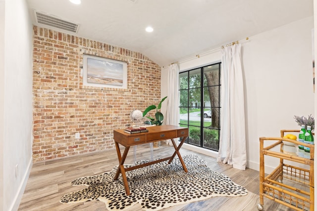 7202 Hartland Ave, Houston, TX 77055 - office space with brick wall, lofted ceiling, light wood-style flooring, and recessed lighting
