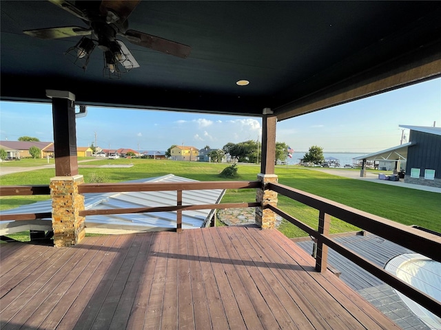 126 2nd Ave, Onalaska, TX 77360 - wooden deck with ceiling fan, a yard, a water view, and a residential view