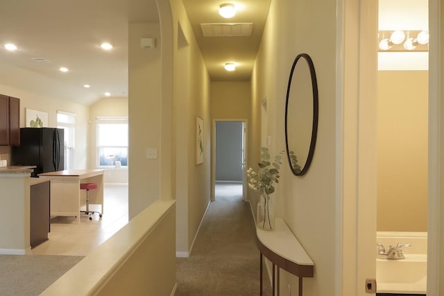 3543 Paganini Pl, Katy, TX 77493 - hallway featuring light carpet, recessed lighting, and lofted ceiling