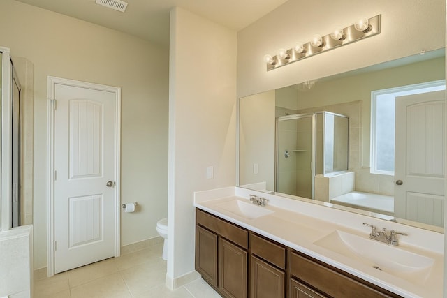 3543 Paganini Pl, Katy, TX 77493 - full bathroom featuring a stall shower, tile patterned flooring, a bath, and double vanity