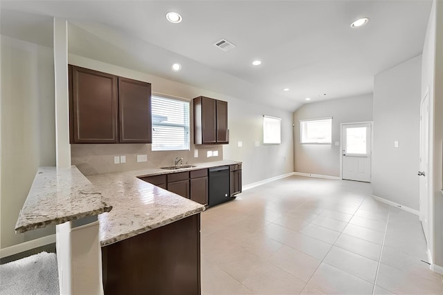 3543 Paganini Pl, Katy, TX 77493 - kitchen featuring dishwasher, dark brown cabinets, recessed lighting, plenty of natural light, and a peninsula