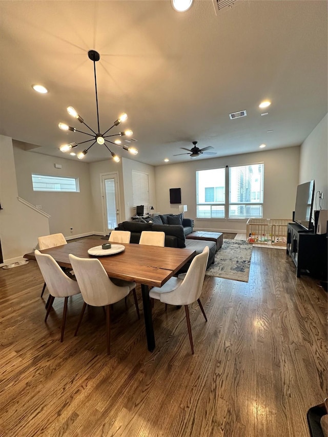 311 Eado Park Cir, Houston, TX 77020 - dining room featuring dark wood finished floors, a chandelier, recessed lighting, and ceiling fan