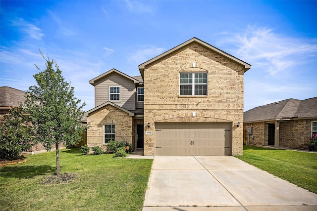 11034 Hillside Creek Dr, Humble, TX 77396 - traditional-style house with brick siding, concrete driveway, a front yard, and a garage