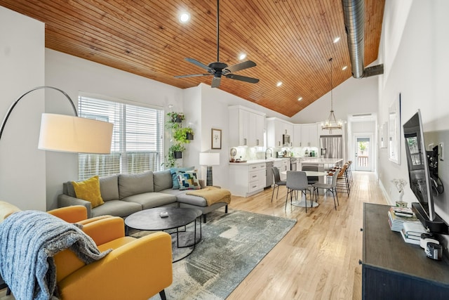 703 Dumble St, Houston, TX 77023 - living room featuring wood ceiling, a ceiling fan, light wood-style flooring, recessed lighting, and lofted ceiling