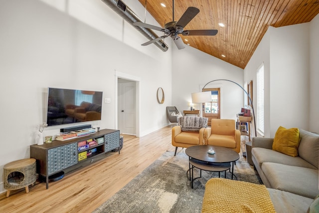 703 Dumble St, Houston, TX 77023 - living area with wood finished floors, high vaulted ceiling, a ceiling fan, wooden ceiling, and recessed lighting