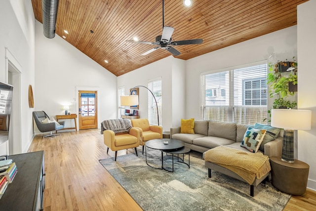 703 Dumble St, Houston, TX 77023 - living room featuring wood ceiling, wood finished floors, ceiling fan, high vaulted ceiling, and recessed lighting