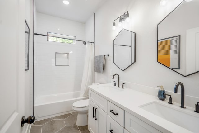 703 Dumble St, Houston, TX 77023 - bathroom featuring shower / bath combination with curtain, double vanity, and tile patterned floors