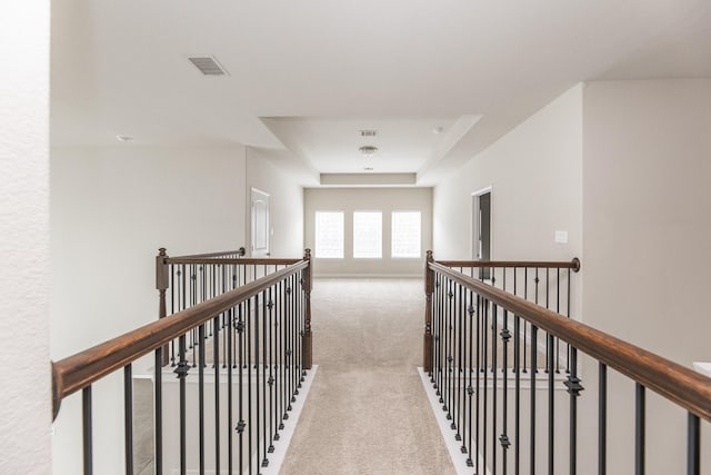2131 Blossomcrown Dr, Katy, TX 77494 - corridor featuring light colored carpet, a raised ceiling, and an upstairs landing