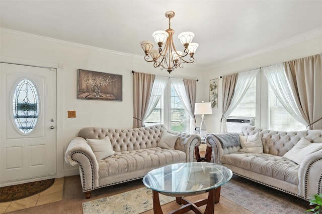 619 10th St, Hempstead, TX 77445 - living room with a chandelier, crown molding, and cooling unit