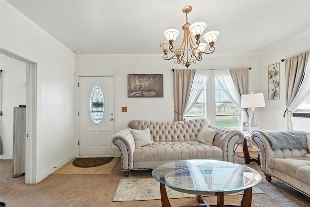 619 10th St, Hempstead, TX 77445 - living area featuring healthy amount of natural light, crown molding, a chandelier, and light carpet