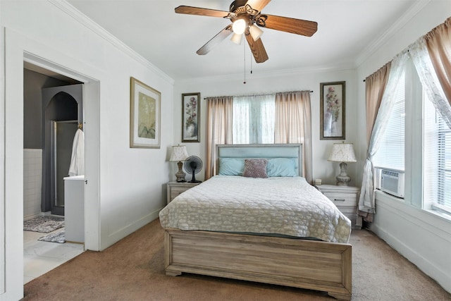 619 10th St, Hempstead, TX 77445 - bedroom featuring light colored carpet, cooling unit, crown molding, ceiling fan, and ensuite bathroom
