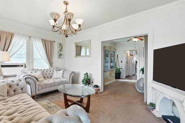 619 10th St, Hempstead, TX 77445 - carpeted living area featuring ornamental molding, a chandelier, and cooling unit