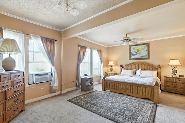 619 10th St, Hempstead, TX 77445 - bedroom featuring light carpet, a chandelier, crown molding, cooling unit, and a ceiling fan