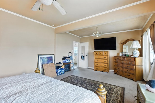 619 10th St, Hempstead, TX 77445 - carpeted bedroom featuring a chandelier, a ceiling fan, and crown molding