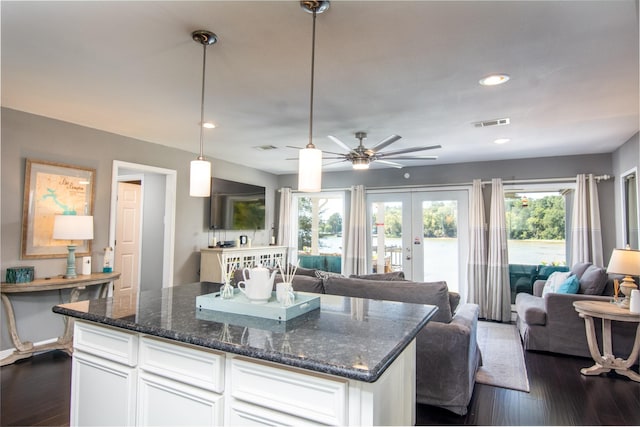 150 Edgewater Way, Point Blank, TX 77364 - kitchen featuring open floor plan, french doors, dark wood-type flooring, healthy amount of natural light, and recessed lighting