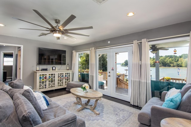 150 Edgewater Way, Point Blank, TX 77364 - living room with french doors, a ceiling fan, recessed lighting, and wood finished floors