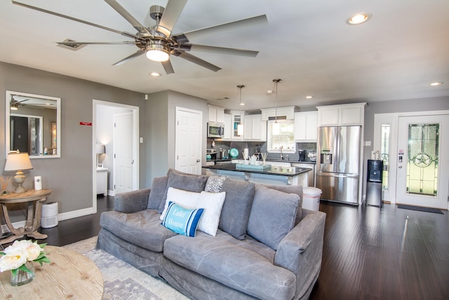 150 Edgewater Way, Point Blank, TX 77364 - living room with ceiling fan, dark wood-type flooring, and recessed lighting