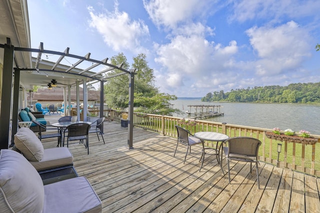 150 Edgewater Way, Point Blank, TX 77364 - wooden terrace featuring a water view and a ceiling fan