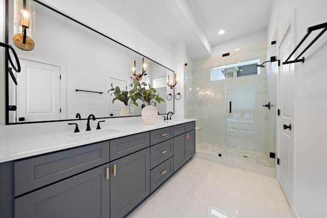 835E Elkhart St, Houston, TX 77091 - bathroom featuring double vanity, a stall shower, recessed lighting, and marble finish floors