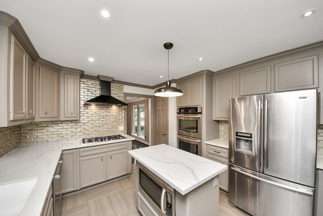 606 Montclair Blvd, Sugar Land, TX 77478 - kitchen featuring appliances with stainless steel finishes, wall chimney exhaust hood, gray cabinets, backsplash, and recessed lighting