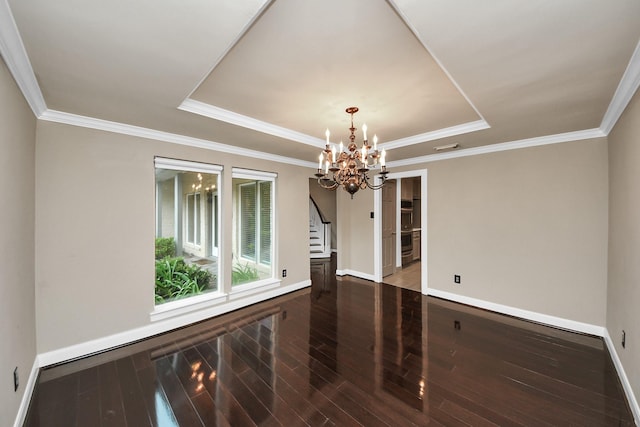 606 Montclair Blvd, Sugar Land, TX 77478 - unfurnished room featuring a chandelier, a raised ceiling, wood-type flooring, crown molding, and stairs