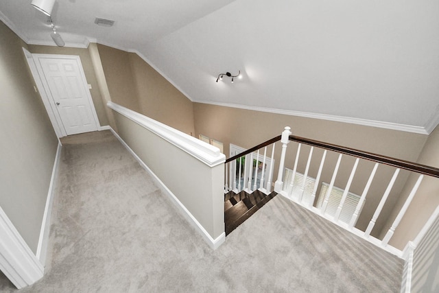 606 Montclair Blvd, Sugar Land, TX 77478 - staircase featuring carpet, ornamental molding, lofted ceiling, and rail lighting