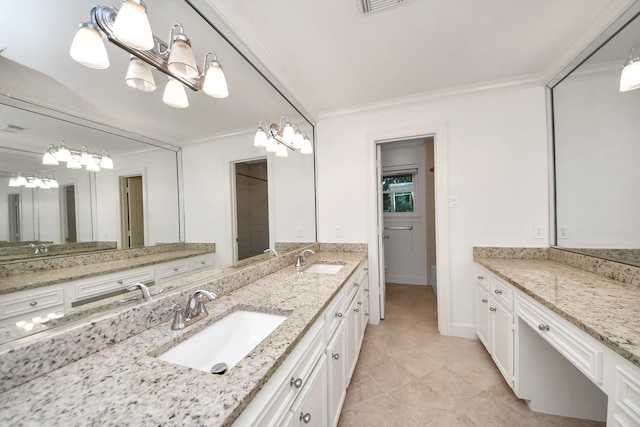 606 Montclair Blvd, Sugar Land, TX 77478 - full bath with ornamental molding, vanity, a chandelier, and tile patterned floors