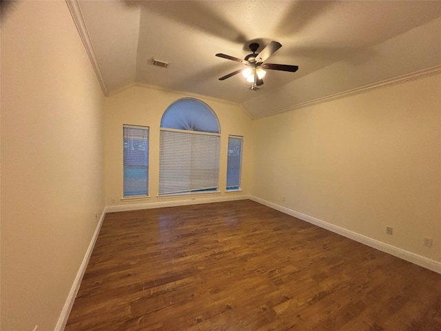 17427 Marigold Dr, Sugar Land, TX 77479 - empty room featuring vaulted ceiling, a ceiling fan, dark wood finished floors, and ornamental molding