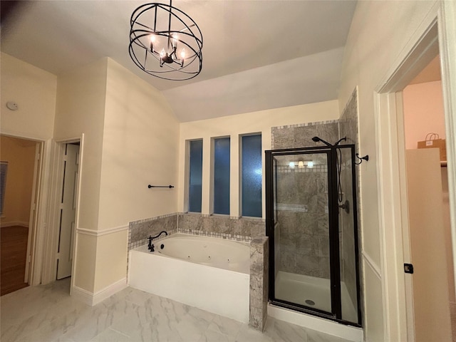 17427 Marigold Dr, Sugar Land, TX 77479 - full bathroom featuring a tub with jets, a shower stall, lofted ceiling, a chandelier, and marble finish flooring